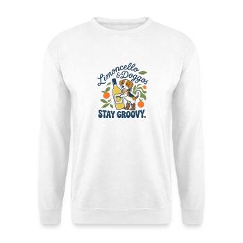 Lustiger Limoncello Stay Groovy Hund - Unisex Pullover - Weiß - Vorne - Alina (178cm) & Michal (187cm)