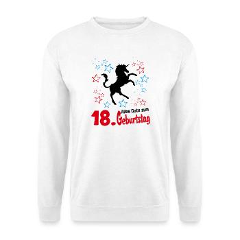 Einhorn Geburtstag 18 Jahre Unicorn Birthday - Unisex Pullover - Weiß - Vorne - Alina (178cm) & Michal (187cm)