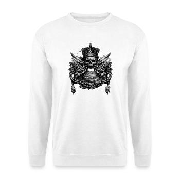 Kronen-Skull mit Schwertern und Geldstapeln - Unisex Pullover - Weiß - Vorne - Alina (178cm) & Michal (187cm)