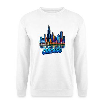 Chicago Neon Skyline Druck - Unisex Pullover - Weiß - Vorne - Alina (178cm) & Michal (187cm)
