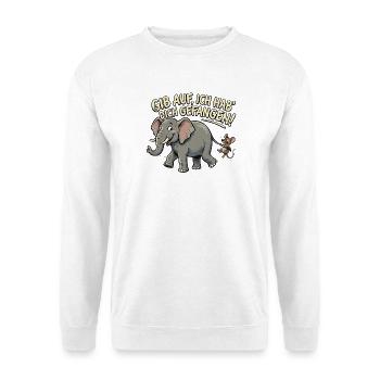Maus fängt Elefant, lustiger Spruch - Unisex Pullover - Weiß - Vorne - Alina (178cm) & Michal (187cm)