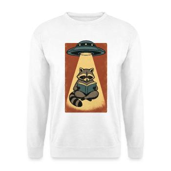 Lesender Waschbär im UFO Strahl - Unisex Pullover - Weiß - Vorne - Alina (178cm) & Michal (187cm)