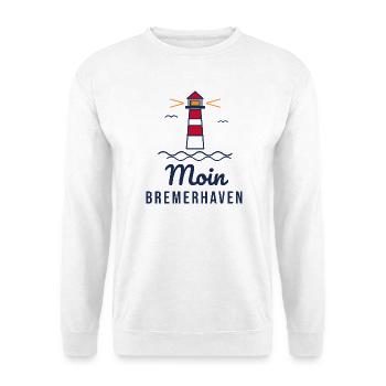 Moin Bremerhaven – Leuchtturm Nordsee Motiv - Unisex Pullover - Weiß - Vorne - Alina (178cm) & Michal (187cm)