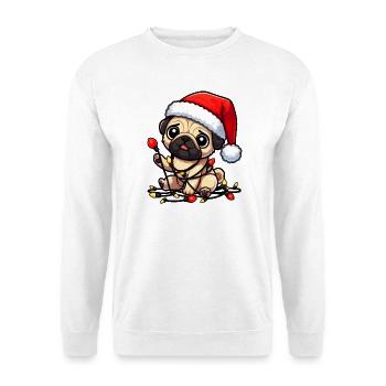 Süßer Weihnachtsmops Cartoon mit Lichterkette - Unisex Pullover - Weiß - Vorne