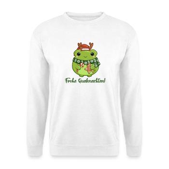 Quakender Weihnachtsfrosch mit Weihnachtsgrüßen - Unisex Pullover - Weiß - Vorne - Alina (178cm) & Michal (187cm)