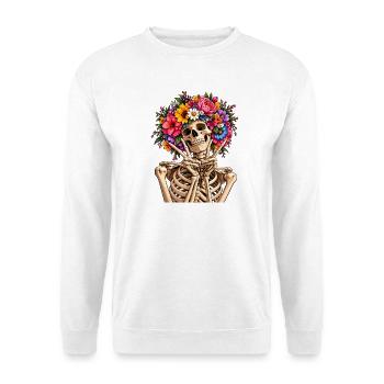 Skelett mit Blumenkrone - Unisex Pullover - Weiß - Vorne - Alina (178cm) & Michal (187cm)