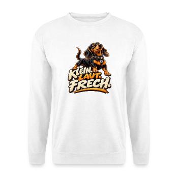 Klein. Laut. Frech. – Dackel  - Unisex Pullover - Weiß - Vorne - Alina (178cm) & Michal (187cm)