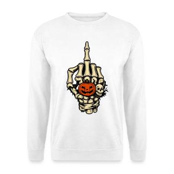 Skeletthand mit Kürbisgesicht - Unisex Pullover - Weiß - Vorne - Alina (178cm) & Michal (187cm)