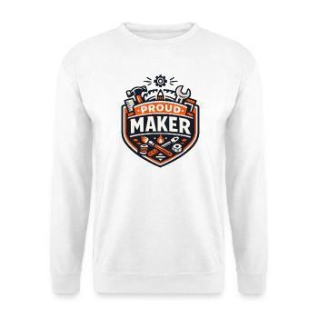 Stolzer Maker Abzeichen – Basteln & DIY - Unisex Pullover - Weiß - Vorne - Alina (178cm) & Michal (187cm)