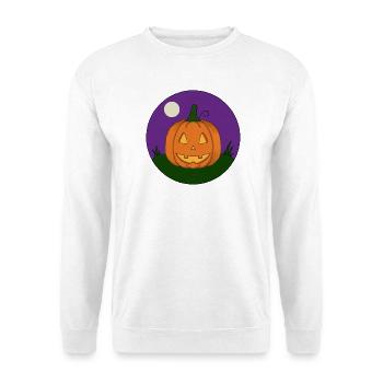 Grinsender Kürbis bei Vollmond - Unisex Pullover - Weiß - Vorne - Alina (178cm) & Michal (187cm)