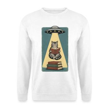 Lesende Katze im UFO Strahl - Unisex Pullover - Weiß - Vorne - Alina (178cm) & Michal (187cm)