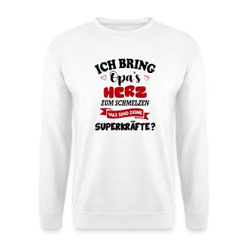 Opa Herz zum schmelzen Superkräfte Babysprüche - Unisex Pullover - Weiß - Vorne - Alina (178cm) & Michal (187cm)