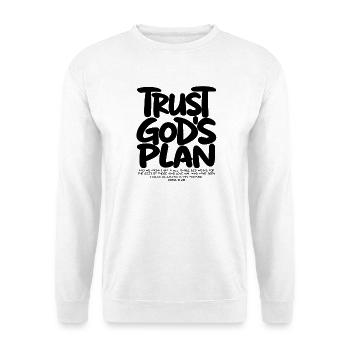 Trust God's Plan – Christlicher Glaube Römer 8,28 - Unisex Pullover - Weiß - Vorne - Alina (178cm) & Michal (187cm)