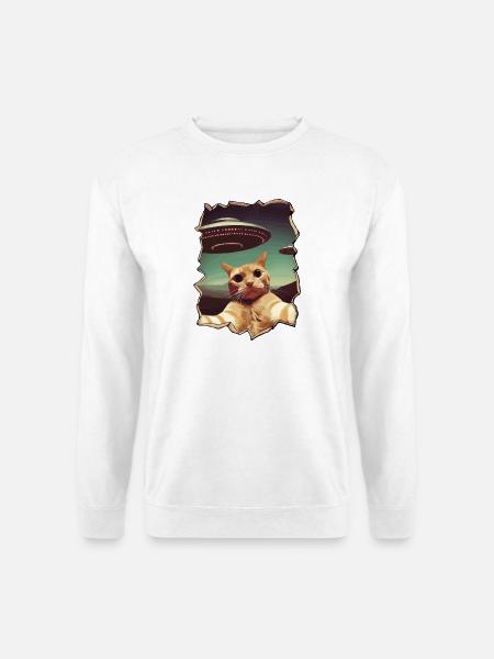 Lustiger ausgeschnittener Katzen-Selfie-UFO-3D-Effekt - Unisex Pullover - Weiß