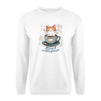 Wecker aufladen, Katzenhumor und Kaffeebecher - Unisex Pullover - Weiß - Vorne
