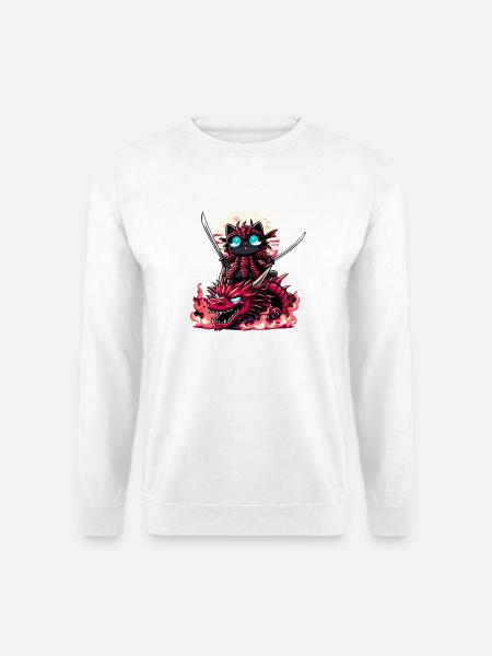 Samurai-Katze mit Schwert auf Drache in Epic Battle 3D - Unisex Pullover - Weiß