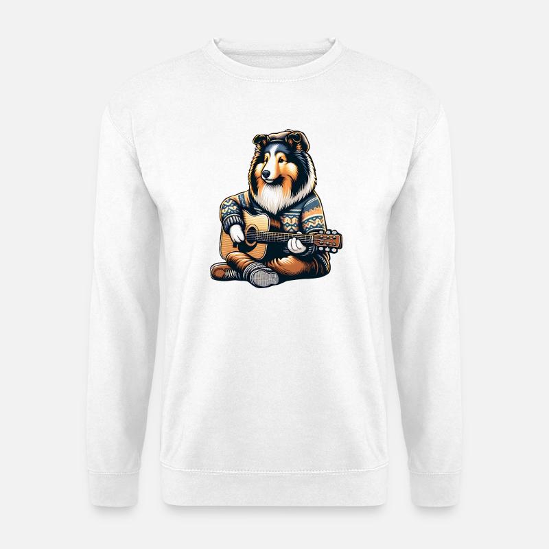 Collie Mit Akustikgitarre Im Strickpullover - Unisex Pullover - Weiß