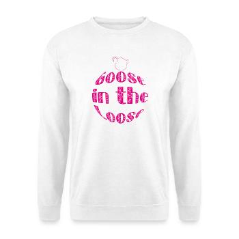 Gans auf freiem Fuß – Lustige Retro-Blumentypografie - Unisex Pullover - Weiß - Vorne - Alina (178cm) & Michal (187cm)