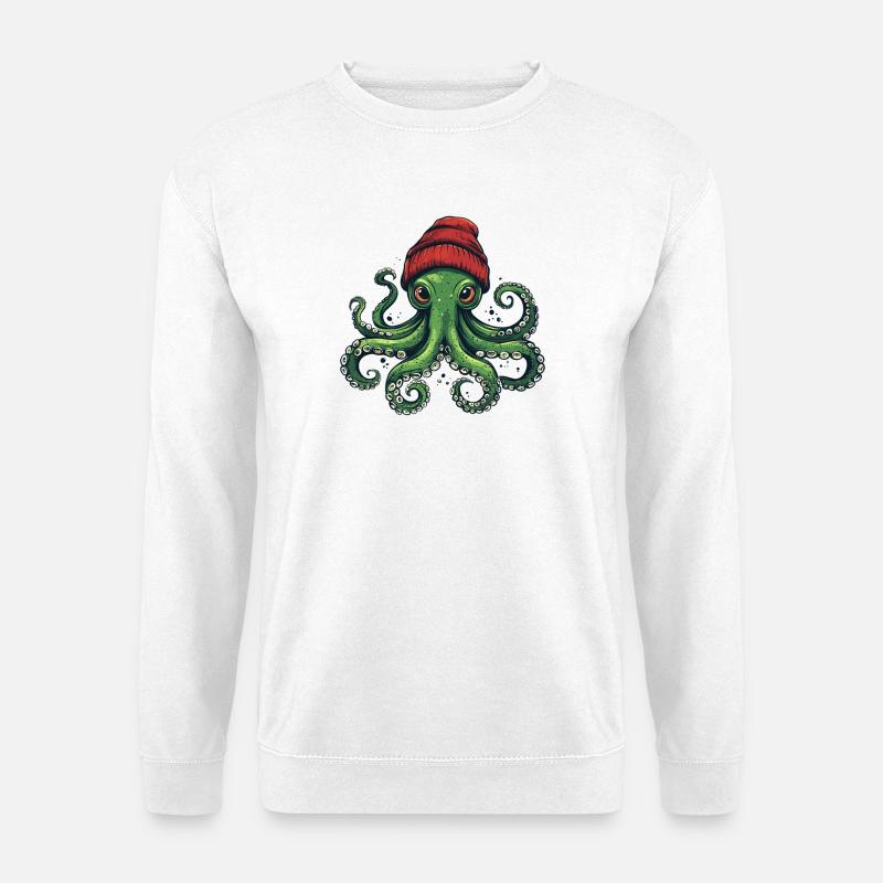 Oktopus mit roter Mütze - Unisex Pullover - Weiß