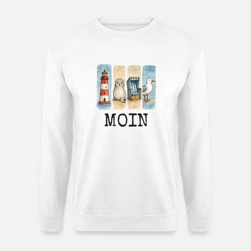 Moin Leuchtturm Robbe Strandkorb Möwe Küste - Unisex Pullover - Weiß