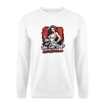 Tuned for Trouble – Retro Auto Girl Design - Unisex Pullover - Weiß - Vorne