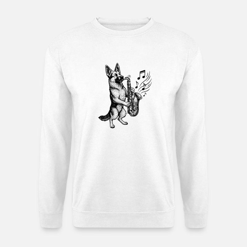 Saxophon Deutscher Schäferhund Kunst - Unisex Pullover - Weiß