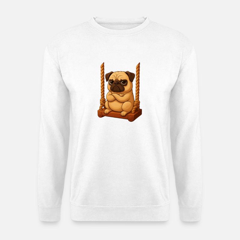 Kleiner Mops Cartoon grimmig Spielplatz Schaukeln - Unisex Pullover - Weiß