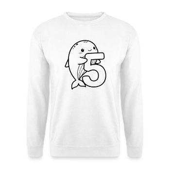 Niedlicher Wal mit Zahl 5 Cartoon Illustration - Unisex Pullover - Weiß - Vorne