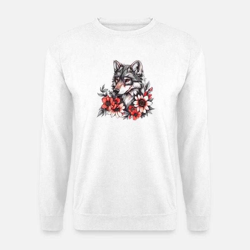 Wolf mit Blütenkranz - Unisex Pullover - Weiß