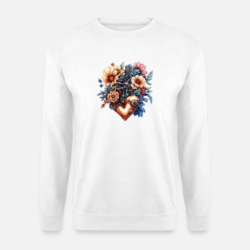 Herz aus Zahnrädern und Blumen - Unisex Pullover - Weiß