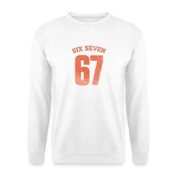 Six Seven 67 Vintage College Zahl Meme - Unisex Pullover - Weiß - Vorne - Alina (178cm) & Michal (187cm)