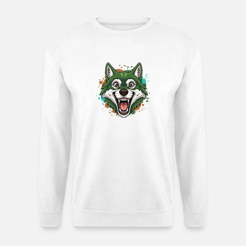 Grüner Wolf mit Farbspritzern - Unisex Pullover - Weiß