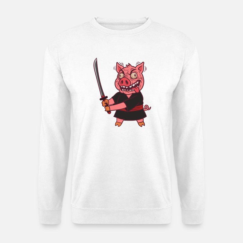 Verrücktes Samurai Schwein mit Schwert - Unisex Pullover - Weiß