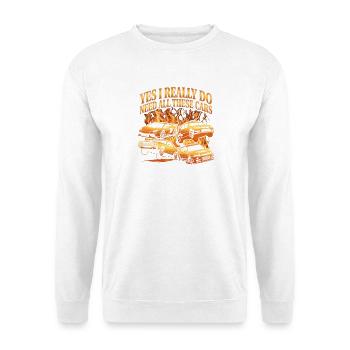 Ja, ich brauche wirklich all diese Autos! (Lustige - Unisex Pullover - Weiß - Vorne - Alina (178cm) & Michal (187cm)
