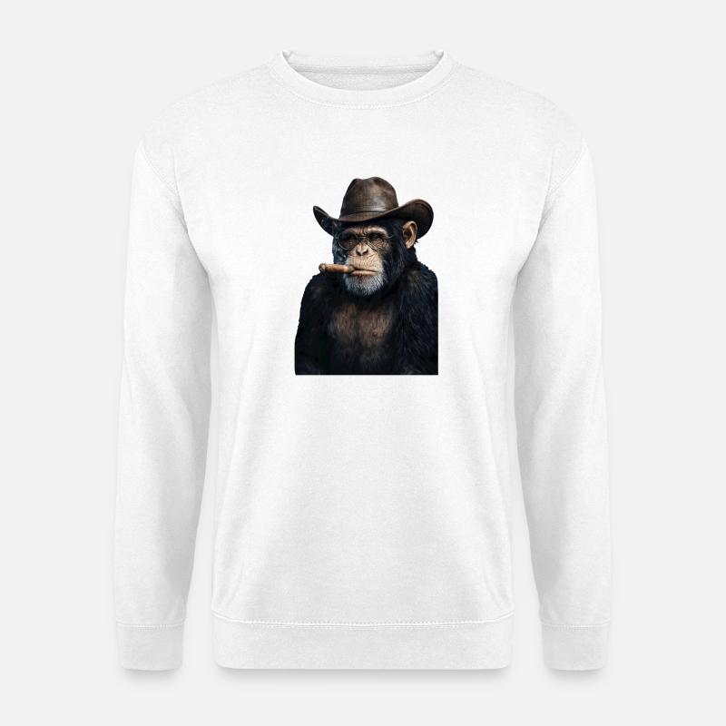 Schimpanse mit Cowboyhut und Zigarre - Unisex Pullover - Weiß