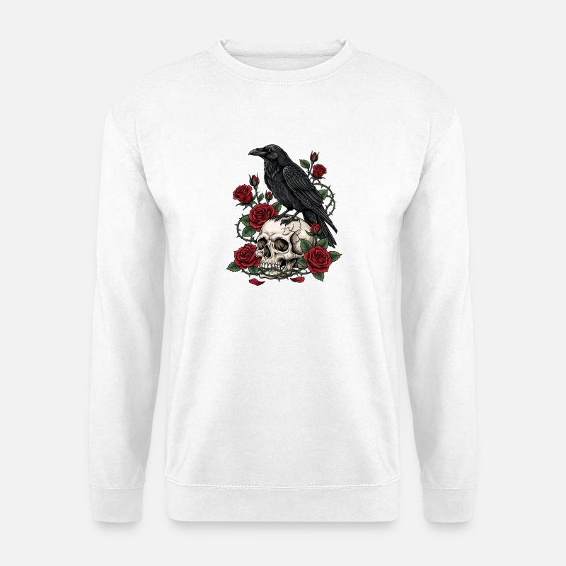Mitternachtskrähe auf Totenkopfrosen - Unisex Pullover - Weiß