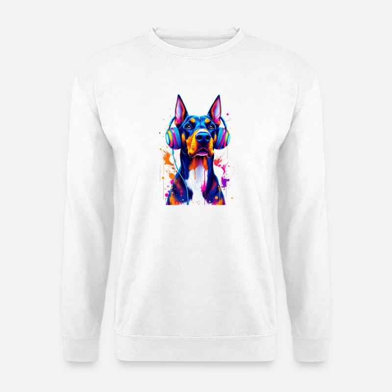 Doberman with headphones - Unisex Sweatshirt - white