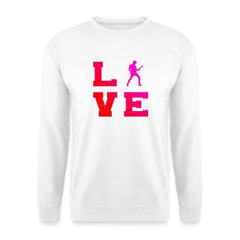 Geschenkidee für einen Gitarrenspieler mit Gitarre - Unisex Pullover - Weiß - Vorne - Alina (178cm) & Michal (187cm)