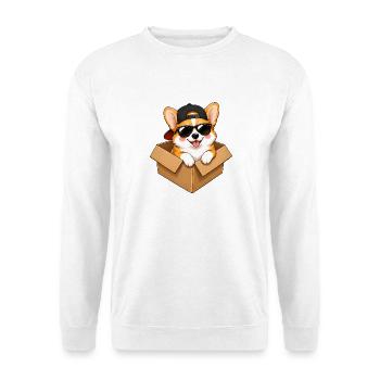Corgi dans une boîte : lunettes de soleil et casquette - Sweat-shirt Unisexe - blanc - Devant