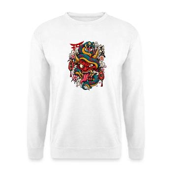 Tattoo-Drachen mit Shinto-Elementen - Unisex Pullover - Weiß - Vorne - Alina (178cm) & Michal (187cm)
