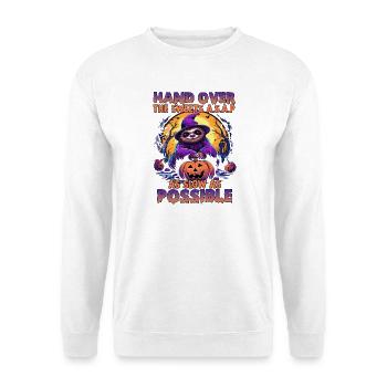 Kürbisheld Faultier im Halloweenzauber - Unisex Pullover - Weiß - Vorne - Alina (178cm) & Michal (187cm)