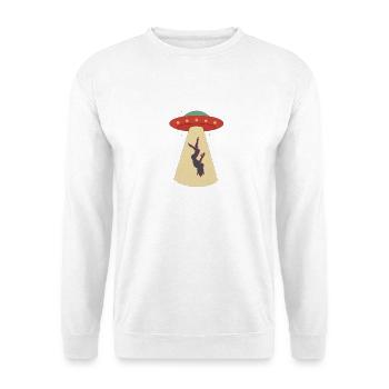 Lichtstrahl Entführung Retro UFO - Unisex Pullover - Weiß - Vorne - Alina (178cm) & Michal (187cm)