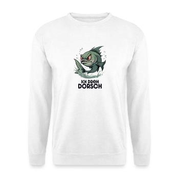 Ich dreh Dorsch – Lustiger Fisch Spruch - Unisex Pullover - Weiß - Vorne - Alina (178cm) & Michal (187cm)