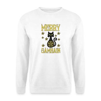 Fröhliche Samhain Hexenkatze Samhain Wicca Wicca - Unisex Pullover - Weiß - Vorne - Alina (178cm) & Michal (187cm)