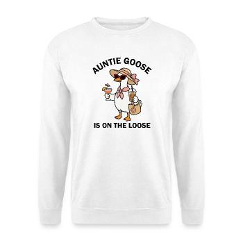 Auntie Goose Is on the Loose – Lustiger Tante Spru - Unisex Pullover - Weiß - Vorne - Alina (178cm) & Michal (187cm)
