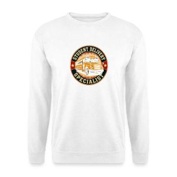 Student Delivery Spezialist Retro-Bus - Unisex Pullover - Weiß - Vorne - Alina (178cm) & Michal (187cm)