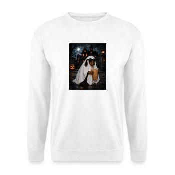 Halloween-Dackel im Geisterkleid mit Kaffee - Unisex Pullover - Weiß - Vorne - Alina (178cm) & Michal (187cm)