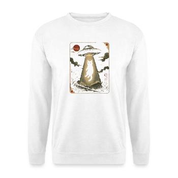 Schwarze Katze UFO Alien Im Lichtstrahl - Unisex Pullover - Weiß - Vorne - Alina (178cm) & Michal (187cm)