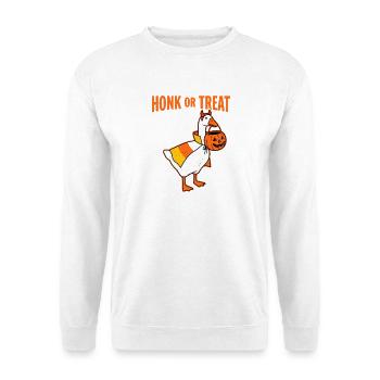 Hupen oder Leckerli Gans Halloween-Grafik - Unisex Pullover - Weiß - Vorne - Alina (178cm) & Michal (187cm)