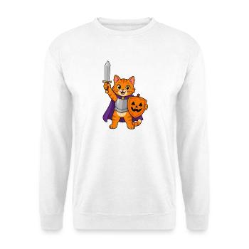 Orangefarbene getigerte Katze zieht sich als tapferer Ritter an - Unisex Pullover - Weiß - Vorne - Alina (178cm) & Michal (187cm)